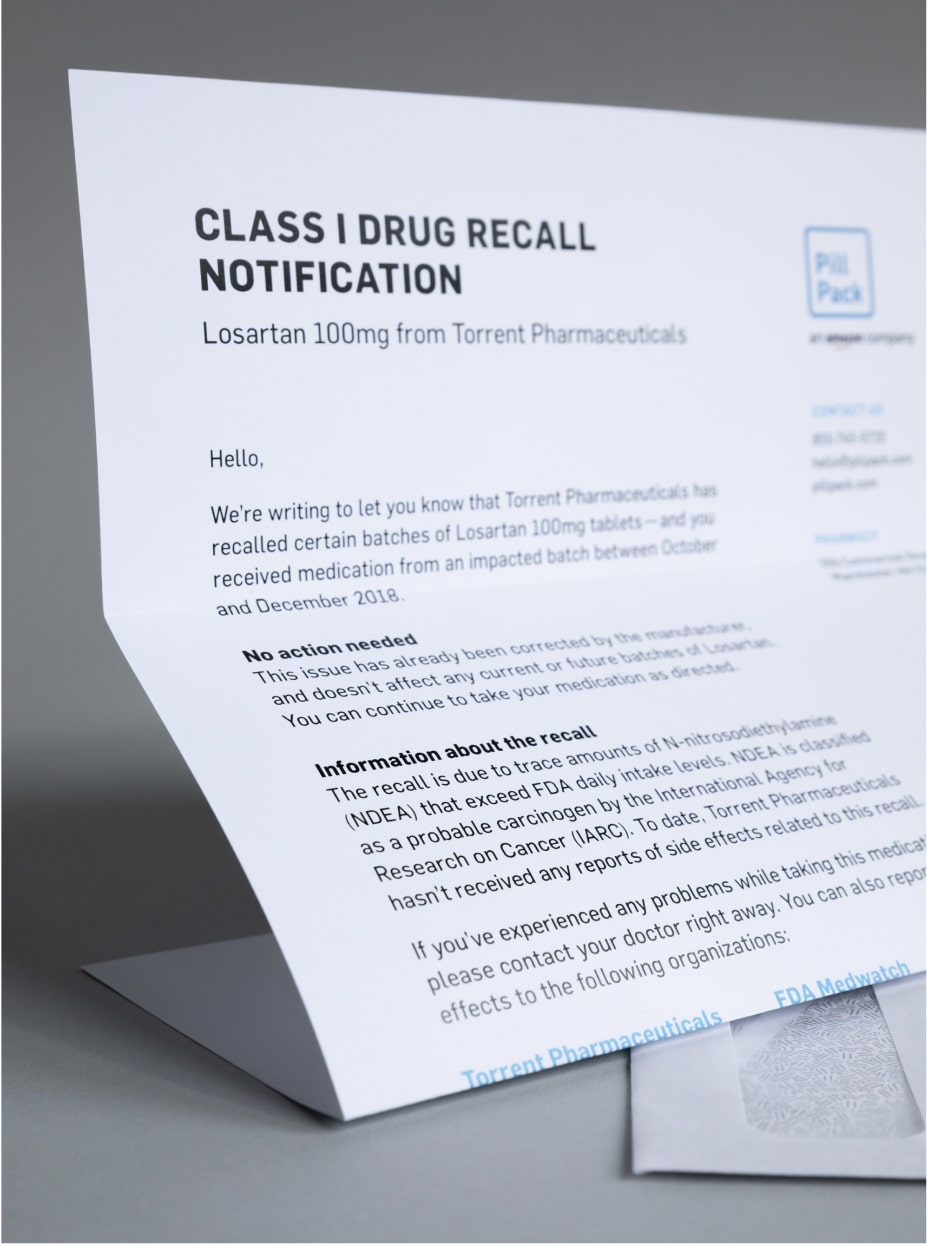 Example of a recall letter sent to customers about a drug